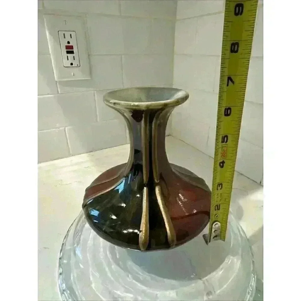 Fabulous Pottery Vase Red Olive Glaze Gold Stripes 6.5
